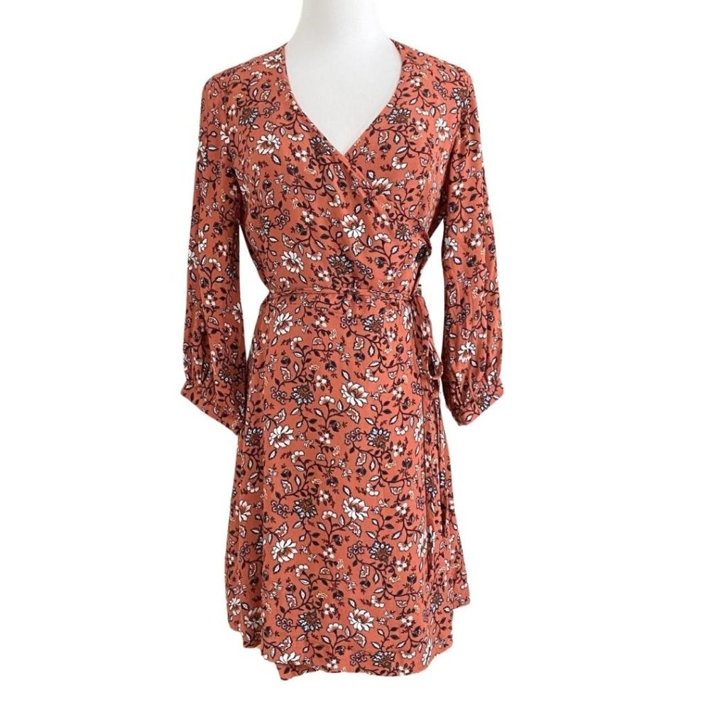 Frank & Oak Rust Floral Wrap Long Sleeve Dress